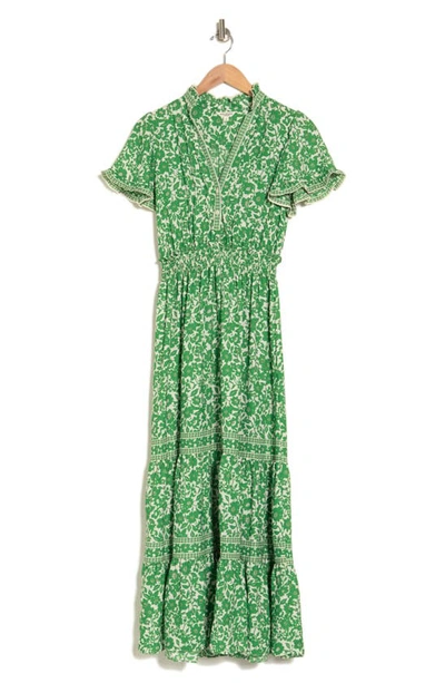 Max Studio Smocked Flutter Sleeve Maxi Dress In Cream Green Floral