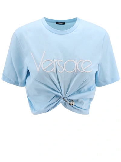 Versace Cotton T-shirt With Medusa Brooch Detail In Blue