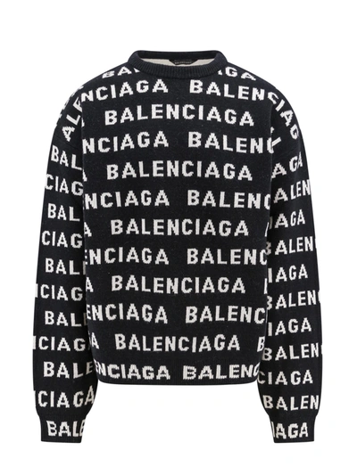 Balenciaga Wool Jumper With All-over Logo In Black