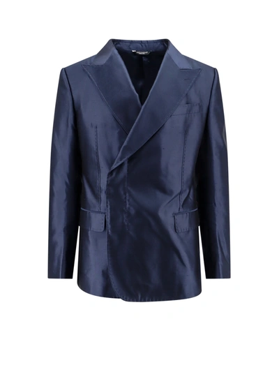 Dolce & Gabbana Satin Blazer With Peak Lapel In Blue