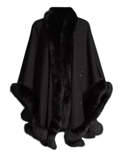Sofia Cashmere Oblong Fox Fur-trim Cashmere Wrap In Black