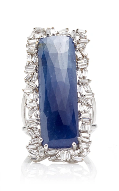 Suzanne Kalan One-of-a-kind Sapphire Ring With Diamond Baguettes In Blue