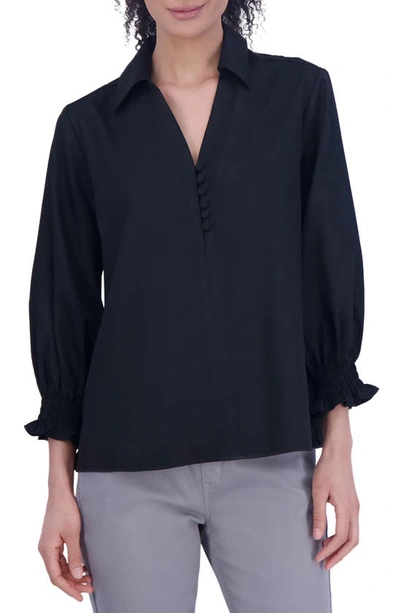 Foxcroft Alexis Smocked Cuff Sateen Popover Top In Black