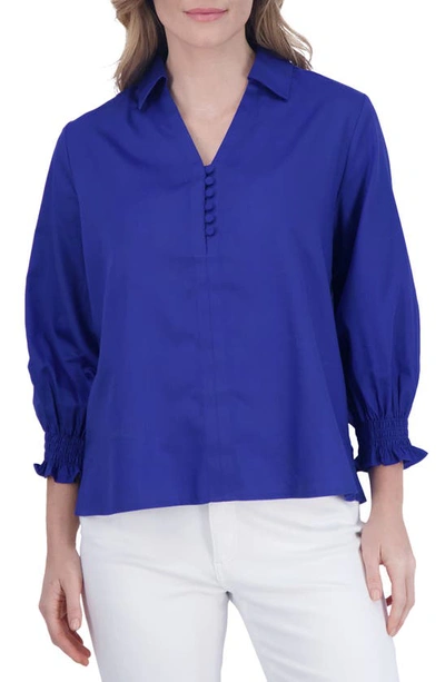 Foxcroft Alexis Smocked Cuff Sateen Popover Top In Sapphire
