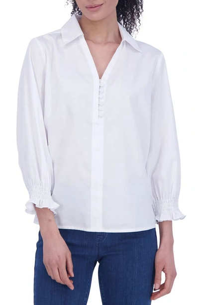 Foxcroft Alexis Smocked Cuff Sateen Popover Top In White