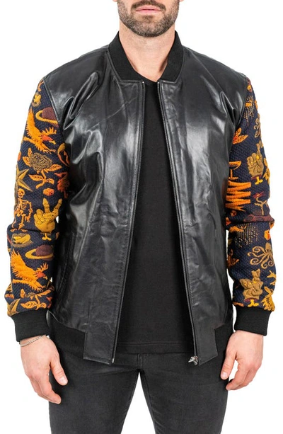 Maceoo Skull Sleeve Leather Bomber Jacket In Black