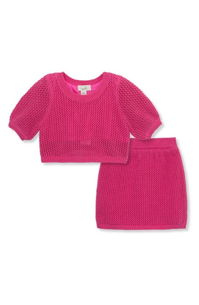 Peek Aren't You Curious Kids' Open Stitch Puff Sleeve Sweater & Skirt Set In Hot Pink