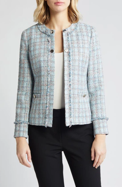 Anne Klein Tweed Crop Jacket In Opal Blue Multi