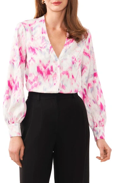 Halogen Collarless Satin Button-up Shirt In Magenta Pink/ Multi
