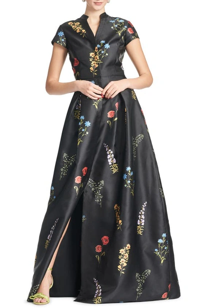 Sachin & Babi Marta Floral Mikado Ballgown In Noir Bouquet