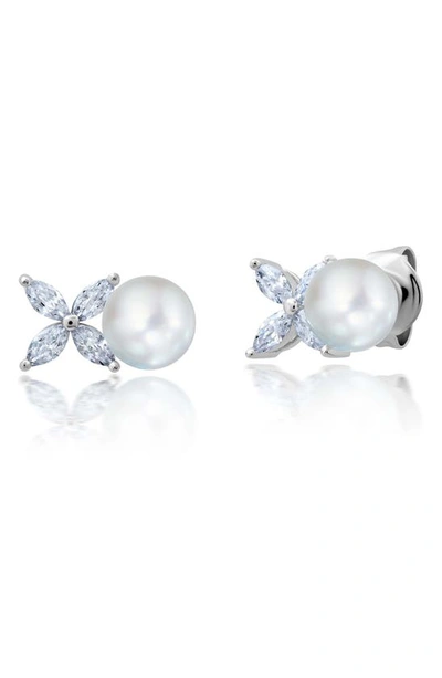 Crislu Cubic Zirconia & Imitation Pearl Stud Earrings In Pearl/ Ivory