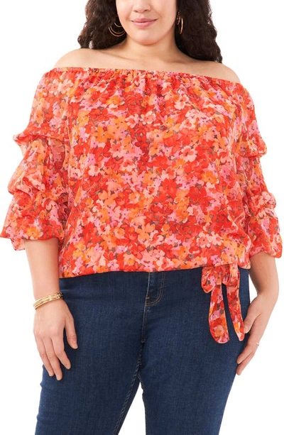Vince Camuto Floral Off The Shoulder Bubble Sleeve Top In Tulip Red