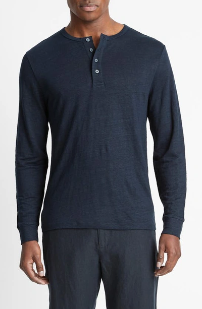 Vince Long Sleeve Linen Henley In Coastal