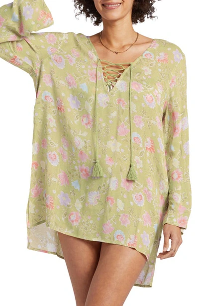 Billabong Blue Skies Long Sleeve Cover-up Dress In Green Envy