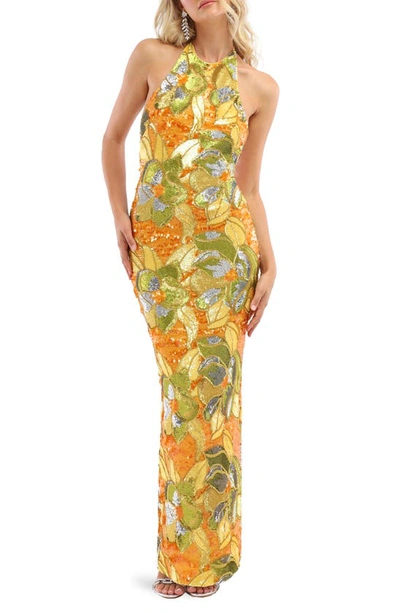 Helsi Uma Floral Sequin Halter Neck Sheath Gown In Marigold