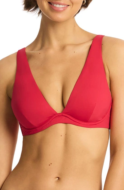 Sea Level Essentials Longline Triangle Bikini Top In Red