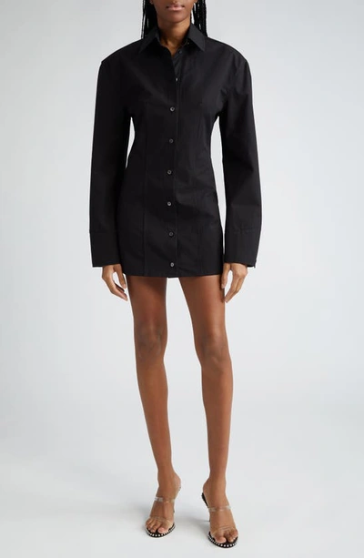 Alexander Wang Boned Long Sleeve Mini Shirtdress In Black