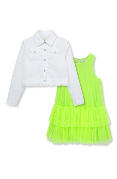 Peek Aren't You Curious Kids' Tiered Tutu Dress & Denim Jacket Set In Lime