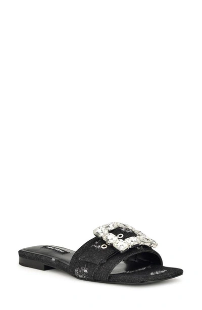 Nine West Matter Crystal Buckle Slide Sandal In Black Denim- Textile