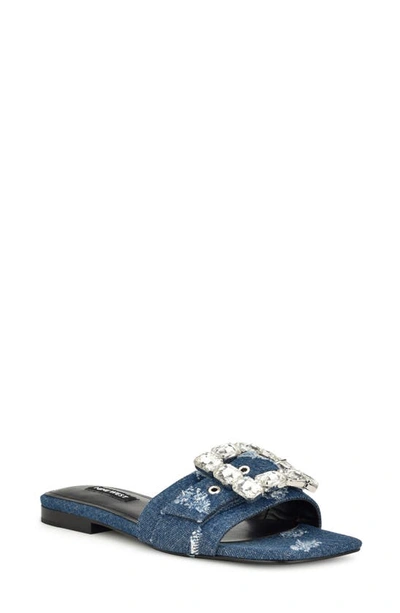 Nine West Matter Crystal Buckle Slide Sandal In Dark Blue Denim- Textile