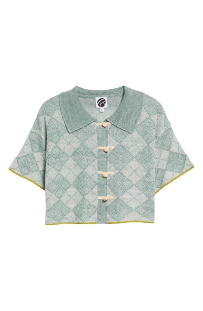Yanyan Argyle Short Sleeve Linen Crop Cardigan In Green
