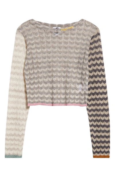 Yanyan Tong Chevron Stripe Pointelle Stitch Crop Sweater In Stone