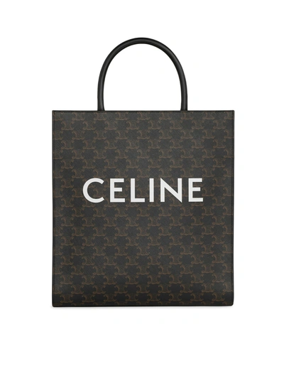 Celine Medium Vertical Cabas Bag In Triomphe Canvas With  Print In Black