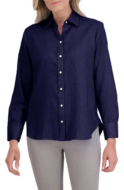 Foxcroft Meghan Linen Blend Button-up Shirt In Navy