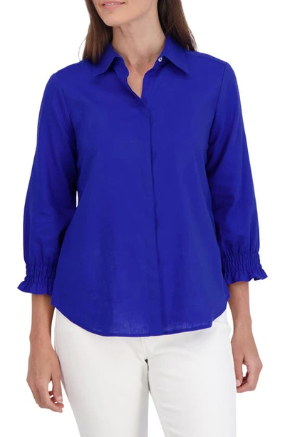 Foxcroft Olivia Hidden Placket Linen Blend Top In Royal Blue