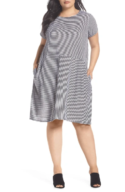 Eileen Fisher Short-sleeve Striped Organic Linen Jersey Dress, Plus Size In Black/ White