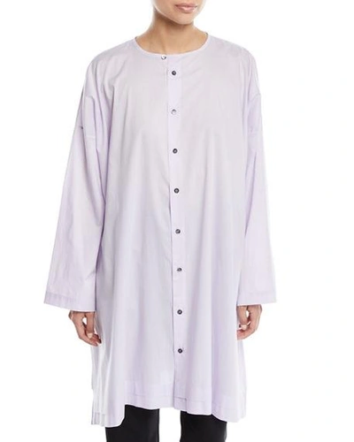 Eskandar Round-neck Long-sleeve Wide A-line Shirt W/ Pleated Edge Detail In Lilac