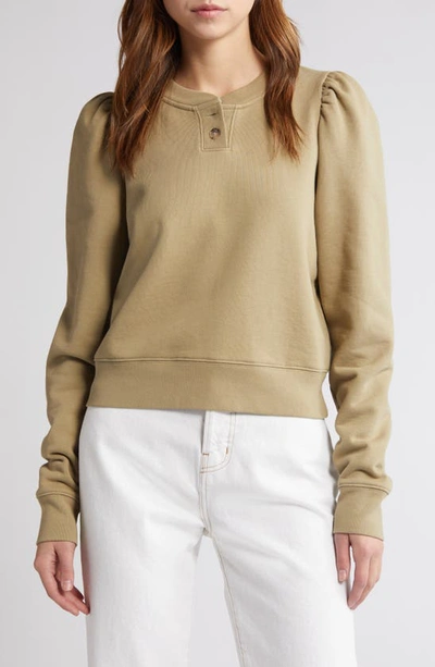 Frame Femme Cotton Blend Henley Sweatshirt In Khaki Green