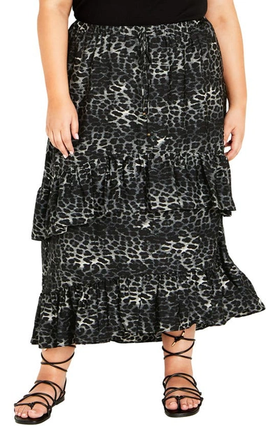 City Chic Print Ruffle Maxi Skirt In Black Leopard