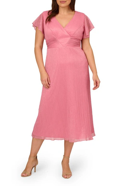 Adrianna Papell Metallic Crinkle Midi Cocktail Dress In Faded Rose