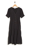 Madewell Lightspun Tiered Button Front Midi Dress In Black Coal