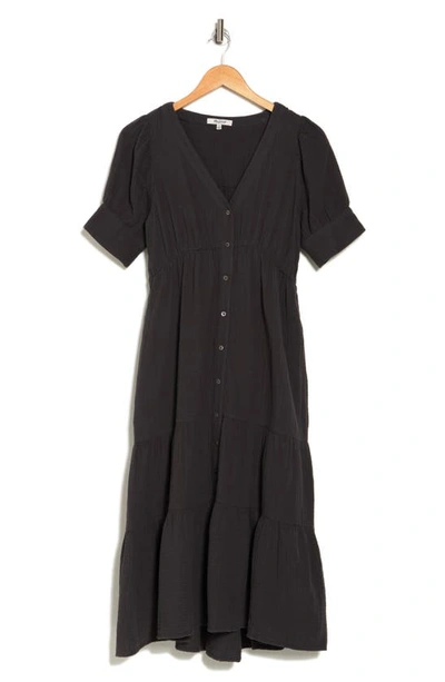 Madewell Lightspun Tiered Button Front Midi Dress In Black Coal