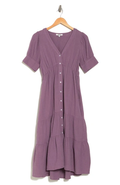 Madewell Lightspun Tiered Button Front Midi Dress In Antique Purple