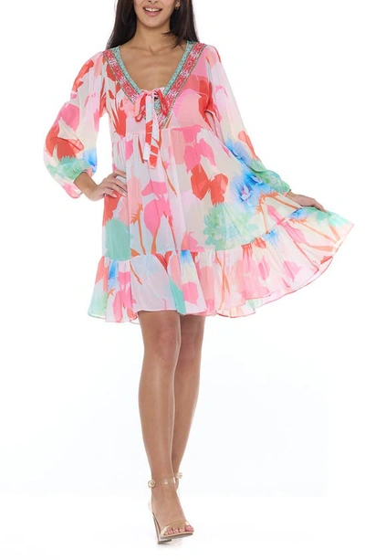 Ranee's Floral Long Sleeve Babydoll Dress In Pink