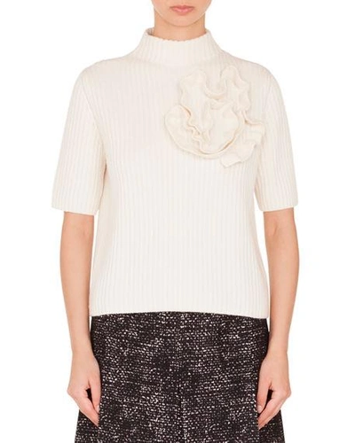 Akris Punto Mock-neck Elbow-sleeve Ribbed Cashmere-blend Pullover Sweater W/flower Detail In Cream