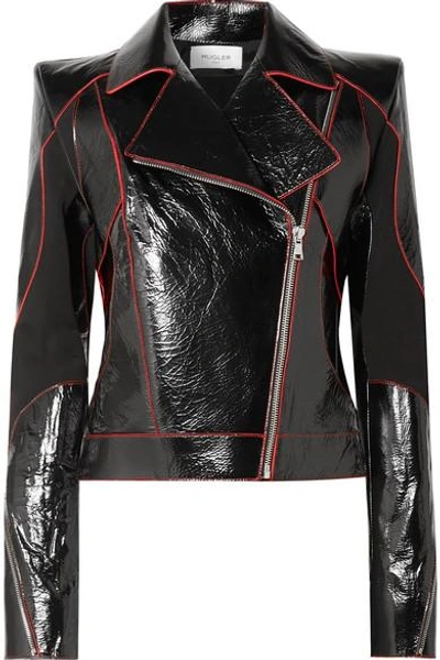 Mugler Paneled Textured Patent-leather Biker Jacket In Black
