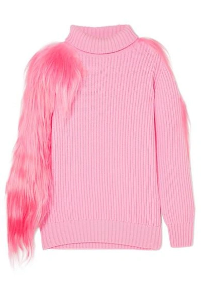 Hillier Bartley Shearling-trimmed Ribbed Cashmere Turtleneck Sweater In Pink