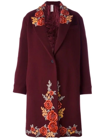 Antonio Marras Floral Embroidery Wool Blend Velour Coat In Red
