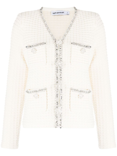 Self-portrait Knit Cardigan In Cream