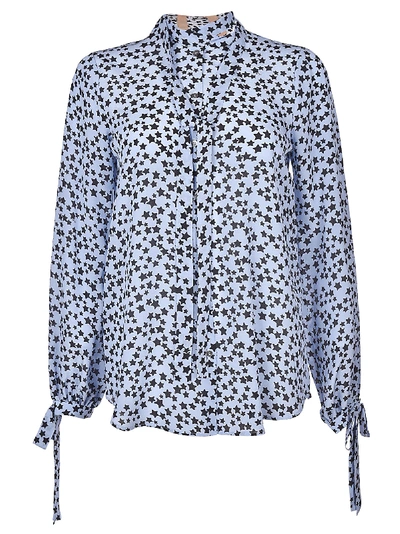 N°21 Star-print Tie-neck Silk Button-front Shirt In Black/light Blue