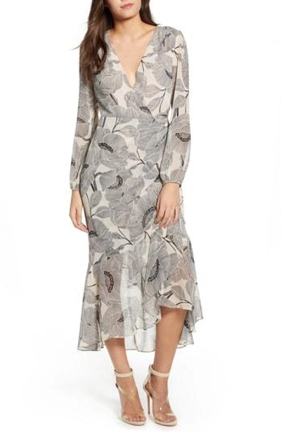 Astr Floral Print Faux Wrap Dress In Ivory Floral