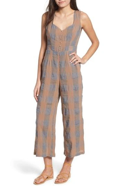 The East Order Frankie Check Linen Blend Jumpsuit In Smoke And Biscuit