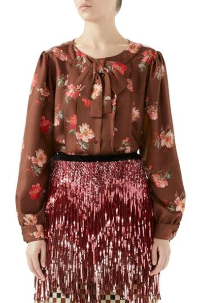 Gucci Pleated Floral Print Silk Blouse In Brown