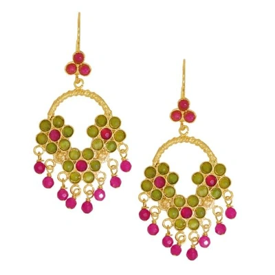 Ottoman Hands Lime & Hot Pink Agate Flower Chandelier Earrings