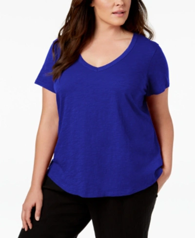 Eileen Fisher Short-sleeve Organic Cotton V-neck Shirttail Tee, Plus Size In Blue Violet