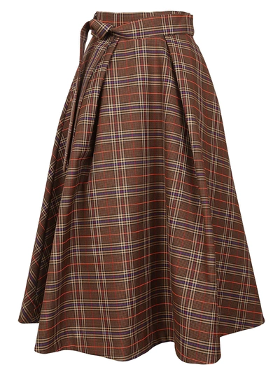 Msgm Checked Flared Skirt In Brown/multicolor